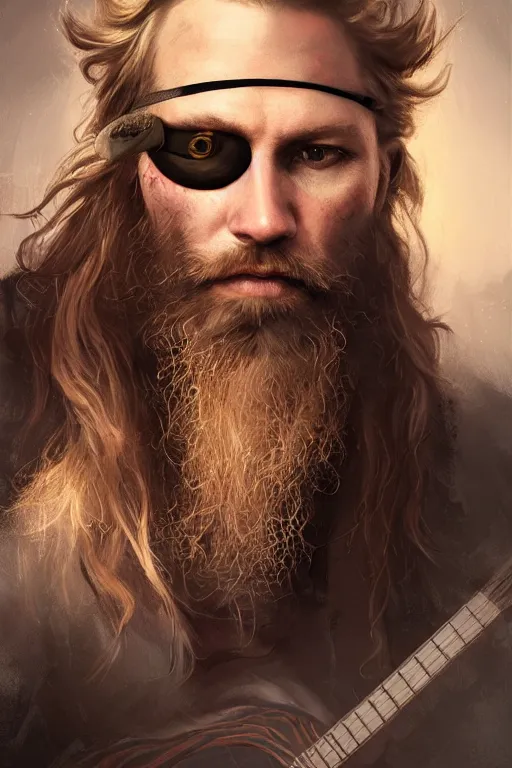 Image similar to blonde wild hair beard man, pirate eye - patch, playing guitare, close - up portrait, powerfull, intricate, elegant, volumetric lighting, scenery, digital painting, highly detailed, artstation, sharp focus, illustration, concept art, ruan jia, steve mccurry