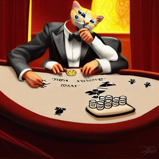 Prompt: man holding a toy cat and a spoon, sitting at a blackjack table, casino, las vegas, digital art, artstation