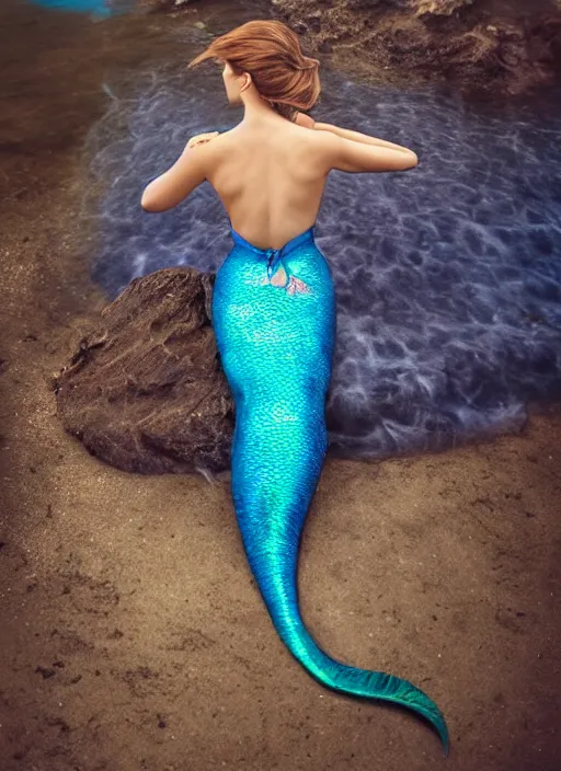 Image similar to hyper realistic fashion photography of a beautiful mermaid with a beautiful blue tail