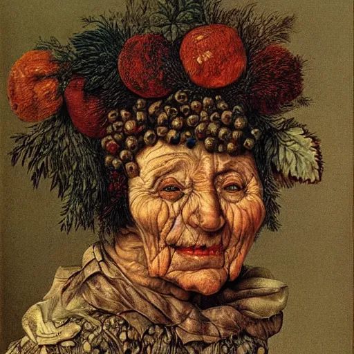 Prompt: a portrait of a old woman by arcimboldo.