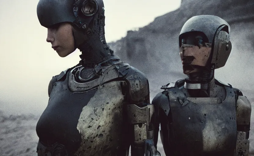 Image similar to cinestill 5 0 d photographic portrait by helen levitt of two loving female androids wearing rugged black mesh techwear on a desolate plain, extreme closeup, modern cyberpunk moody cinematic, dust storm, 8 k, hd, high resolution, 3 5 mm, f / 3 2, ultra realistic faces, ex machina