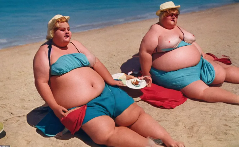 Prompt: 50s movie still: obese people sunbathing at the Polish seaside, by David Bailey, Cinestill 800t 50mm eastmancolor, heavy grainy picture, very detailed, high quality, 4k, HD criterion, precise texture, realistic human anatomy