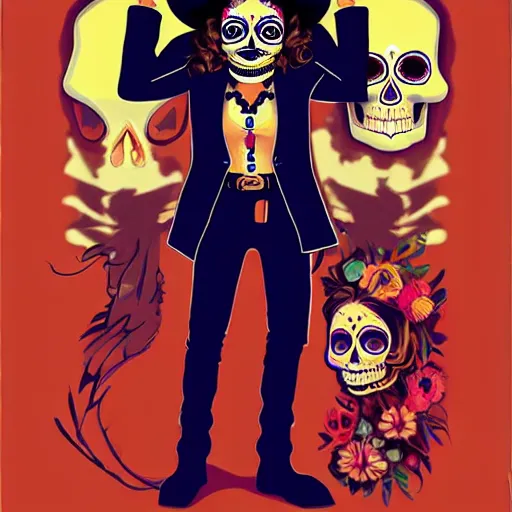 Image similar to in the style Diego Fazio and Joshua Middleton, mila kunis, skull paint, dia de Los muertos, trenchcoat, day of the dead, full body, smiling, cowboy hat