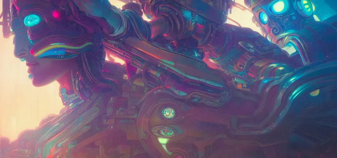 Image similar to a cybernetic temple, vaporwave aesthetic, colorful, psychedelic, digital painting, artstation, concept art, smooth, sharp focus, illustration, art by artgerm and greg rutkowski and alphonse mucha