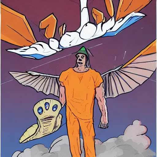 Image similar to ripped physique winged man Norm MacDonald disguised as a mothra whilst wearing a traffic cone hat brian k. vaughan vanesa r. del ray