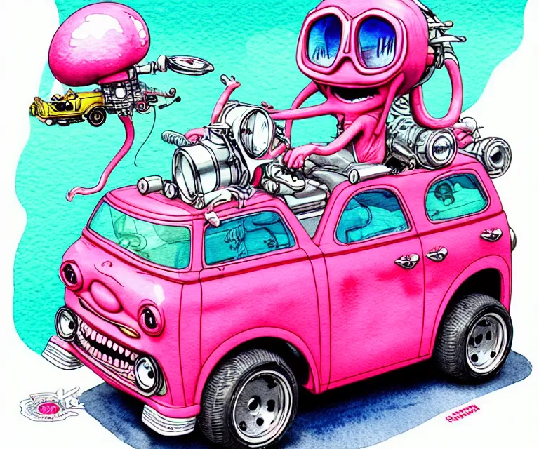 Prompt: cute and funny, pink colored squid wearing goggles riding in a tiny hot rod with oversized engine, ratfink style by ed roth, centered award winning watercolor pen illustration, isometric illustration by chihiro iwasaki, edited by range murata, tiny details by artgerm and watercolor girl, symmetrically isometrically centered