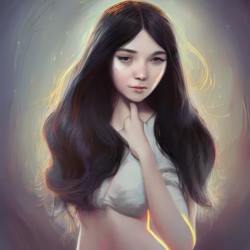 Image similar to teen girl, long black hair, gorgeous round face, brown pollover, amazing, elegant, intricate, highly detailed, digital painting, artstation, concept art, sharp focus, illustration, art by ross tran