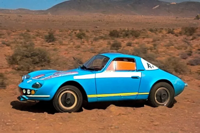 Prompt: 1 9 6 9 alpine a 1 1 0, dakar rally footage, speed