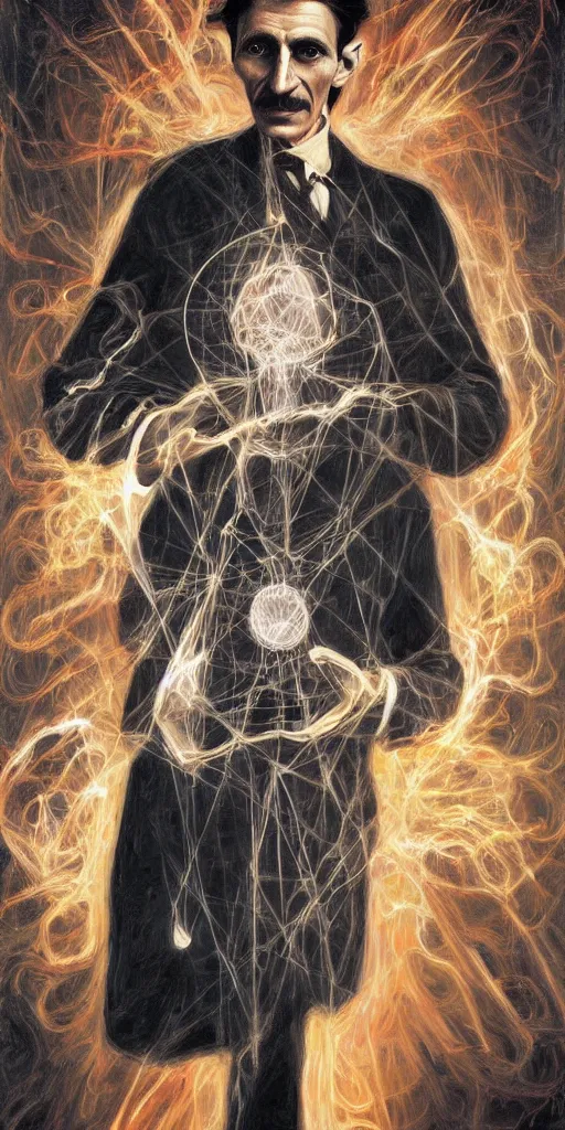 Image similar to nikola tesla holding energy psytrance portrait artwork, by sam spratt