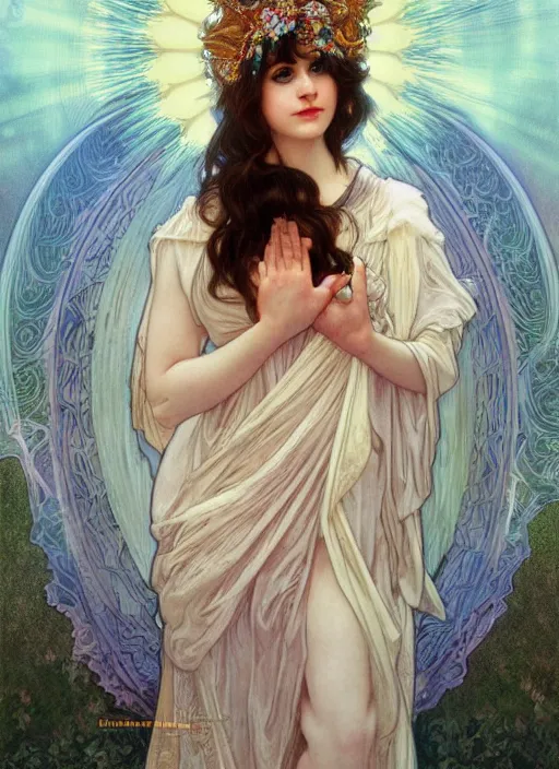 Prompt: Zooey Deschanel as God of Innocence, cute, fantasy, intricate, elegant, highly detailed, digital painting, 4k, HDR, concept art, smooth, sharp focus, illustration, art by alphonse mucha,artgerm, H R Giger