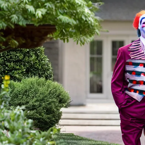 Image similar to Jerome Powell with colorful clown makeup all over his face whiteface, walking outside in a garden