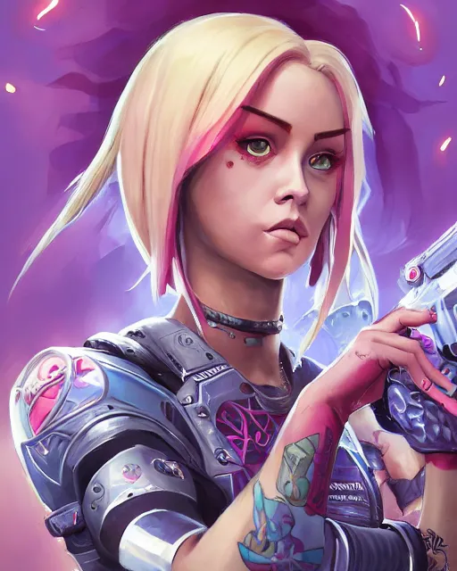 Image similar to jynx arcane valorant agent beautiful female tattoo symmetrical face eyes full length fantasy art apex fortnite Video game icon, 2d game art gta5 cover , official fanart behance hd artstation by Jesper Ejsing, by RHADS, Makoto Shinkai and Lois van baarle, ilya kuvshinov, rossdraws