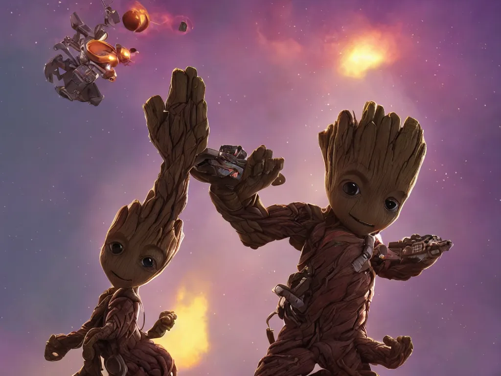 Image similar to baby groot from guardians of the galaxy!, cinematic volumentric lighting, jim cheung, david marquez, mike deodato jr, ilya kuvshinov, makoto shinka, behance hd by jesper ejsing, by rhads, hyper detailed, octane render, concept art, trending on artstation