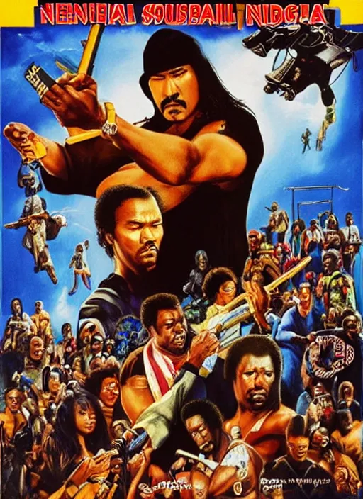 Image similar to Steven Seagal, Ghanaian movie poster, action thriller, 1980s Arcade, Ninjas, highly detailed, HD, realism