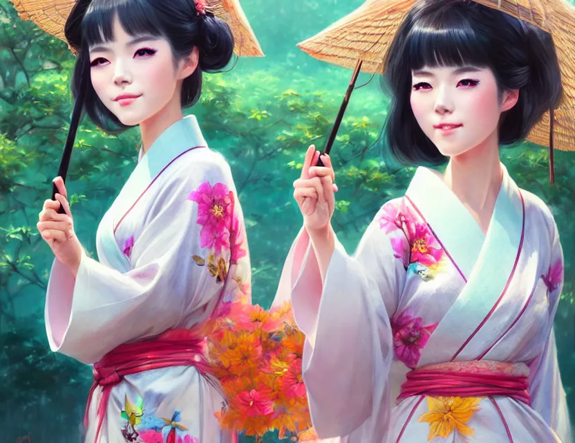 Image similar to two beautiful fashion taiwan girls wear fantasy yukata in festival | | big eyes, sunny, dreamlike art, realistic shaded, smile, good looking, fine details, 4 k realistic, cryengine, realistic shaded lighting poster by greg rutkowski, magali villeneuve, artgerm, jeremy lipkin and michael garmash and rob rey