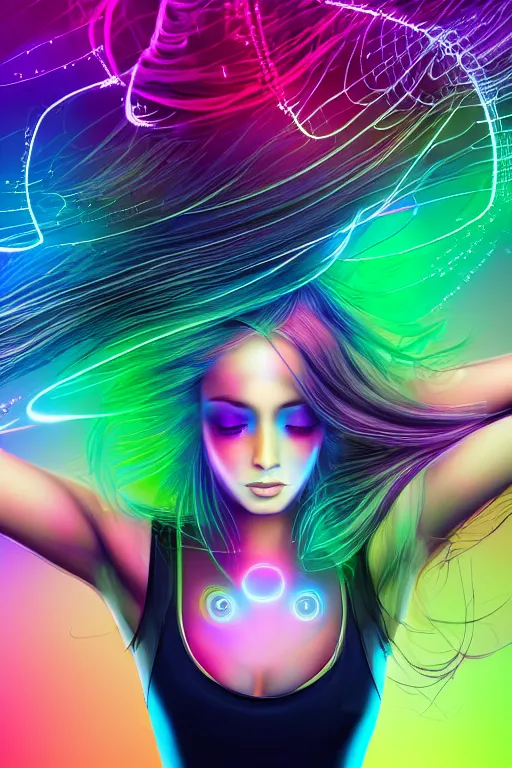 Image similar to a award winning half body portrait of a beautiful woman with stunning eyes in a croptop and leggings with reinbow colored ombre hairstyle head in motion and hair flying while dancing by thomas danthony, surrounded by whirling illuminated lines, outrun, vaporware, shaded flat illustration, digital art, trending on artstation, highly detailed, fine detail, intricate