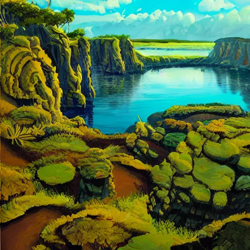 Image similar to acrylic painting of a lush natural scene on an alien planet by wim van de wege. beautiful landscape. weird vegetation. cliffs and water.