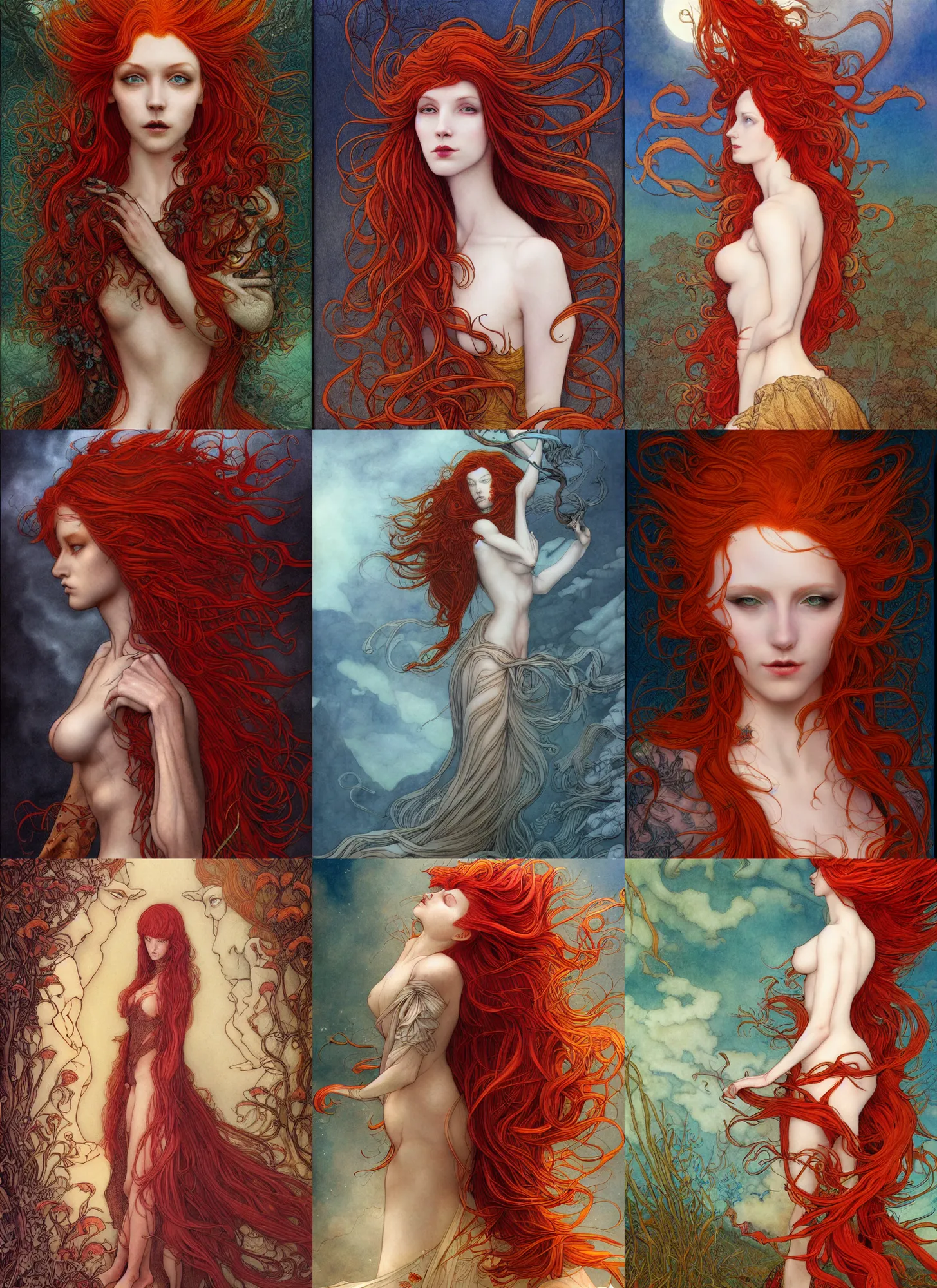 Prompt: surreal ethereal full length illustration of a beautiful red hair woman in the art style of Eric Fortune and Rebecca Guay, not realistic, sharp focus, 8k high definition, insanely detailed, intricate, elegant