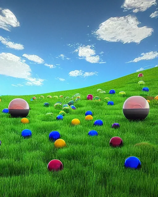 Prompt: glass orbs and multicolored shapes sit and float in a grassy scenic valley with blue skies, 1 9 8 0 s cgi, 3 d art, harsh shadows and reflections