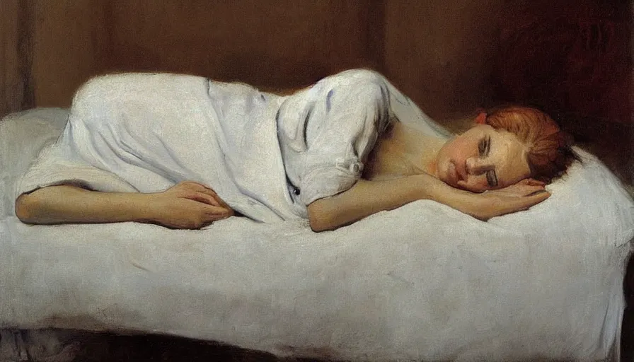 Image similar to painting by borremans, young woman in bed, detailed, stunning