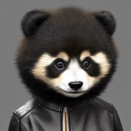 Image similar to a photorealistic image of a charismatic panda style Pomeranian puppy dressed in a stylish black leather jacket Trending on Artstation, featured on Behance, well-rendered, Unreal Engine, 4K HD