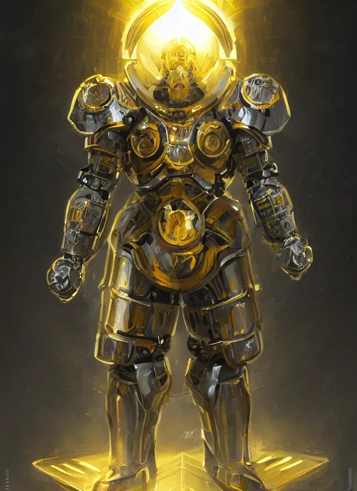 Image similar to dynamic attack position abstract portrait of a intricate glorious holy mechanical warforged character in yellow armor holding a paladin engraved great longsword drawn and carrying a big paladin shield, beam projector when eye is, face in focus, epic , trending on ArtStation, masterpiece, cinematic lighting, by Ross Tran and by Greg Rutkowski