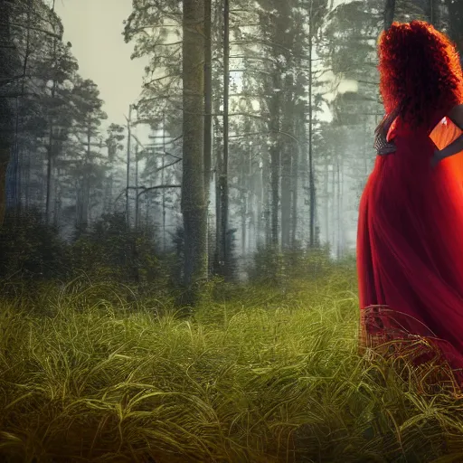 Prompt: beautiful woman with long curly red hair in elaborate gown, rim lit, forest, moon in background, photo realistic, cinematic atmosphere, octane render, 8 k, ethereal, dramatic lighting