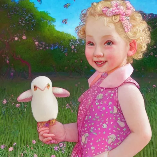 Image similar to a beautiful happy little blonde toddler girl with short curly hair at the park on a beautiful day in the shade, holding a round all-pink stuffed penguin, by Dan Mumford, Junji Murakami, Mucha Klimt, Hiroshi Yoshida and Craig Mullins, featured on Artstation, CGSociety, Behance HD, Deviantart