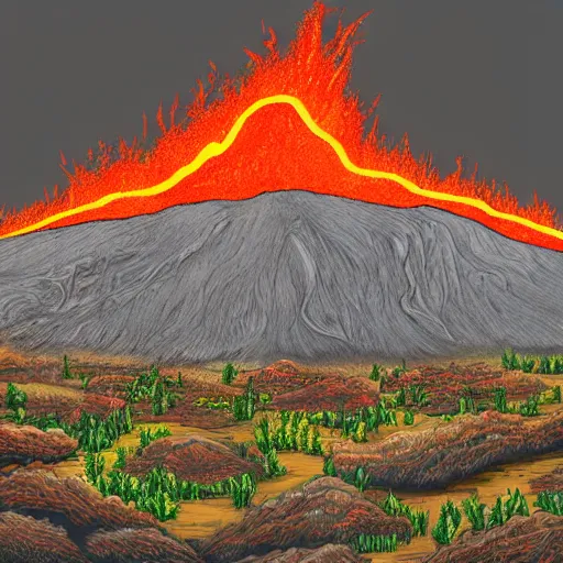 Prompt: fantasy art : : digital art : : [ [ exploding volcano ] ] : : massive, sense of scale, in the distance, visual depth : : fire, lava : : small village at the base of the volcano : :