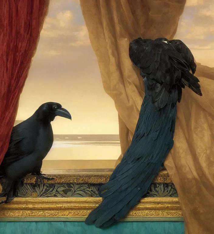 Image similar to a beautifully photoreal clear detailed victorian portrait of a close up raven on a victorian windowsill with an ornate velvet dark teal curtain at beautiful sunset daytime nature sunlit painting by frederic leighton and turner and rosetti and morris, 8 k, octane render