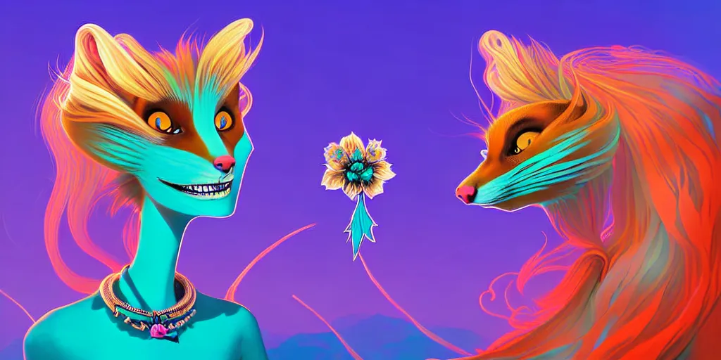 Image similar to curved perspective, extreme narrow, extreme fisheye, digital art of an hallucinogenic female embalmed marten animal wearing jewlery with blonde hairstyle with blue flower in hair by anton fadeev from nightmare before christmas