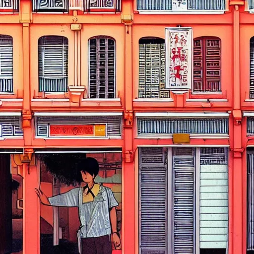 Image similar to a row of shophouses in singapore, art by satoshi kon