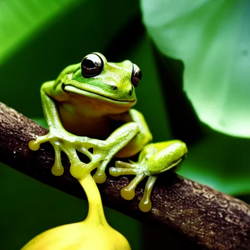 Prompt: A closeup film photography of a frog eating banana, photo by Louise Dahl-Wolfe, award winning, 4K