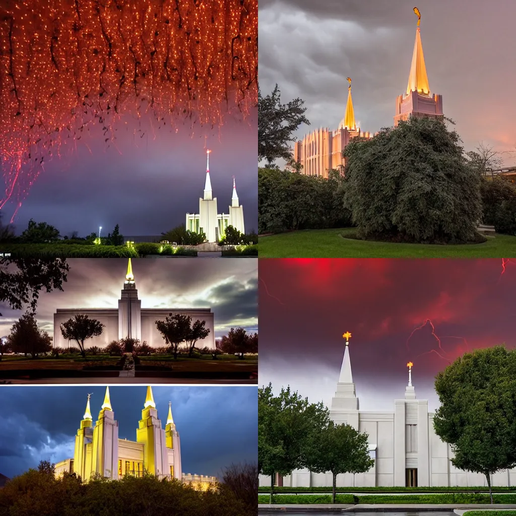 Prompt: The Salt Lake City mormon temple with vines growing on it in the upside down from stranger things, dark stormy red and black clouds with red lighting, with a destroyed city in the background