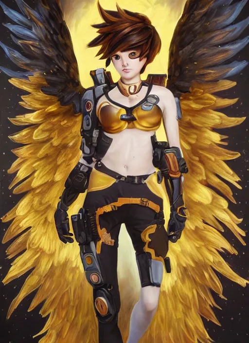 Image similar to full body oil painting of tracer overwatch in the style of sophie anderson, angel wings, angelic golden armor, dramatic painting, symmetrical composition, ornate, high detail, gold detailed collar, blooming, lights, flowers, detailed face,