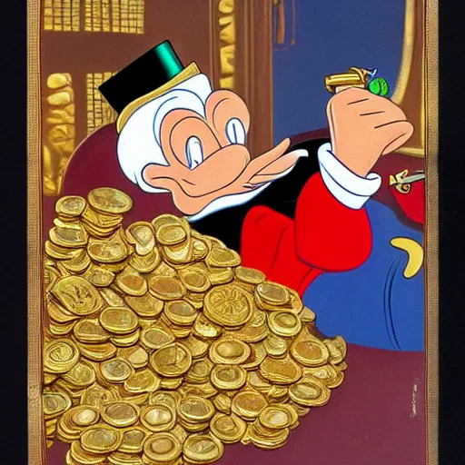 Prompt: scrooge sitting in a pile of gold coins and smoking a cigar, disney, carl barks