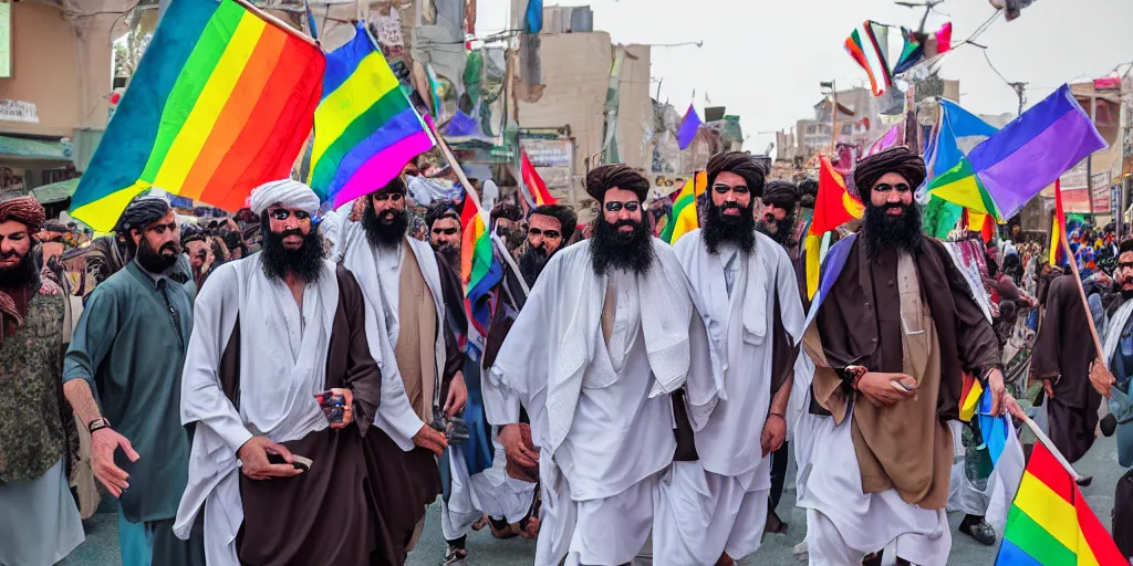 Image similar to Taliban street festival with DJ Osama Bin Laden & a parade of LGBTQ flags (professional photography)