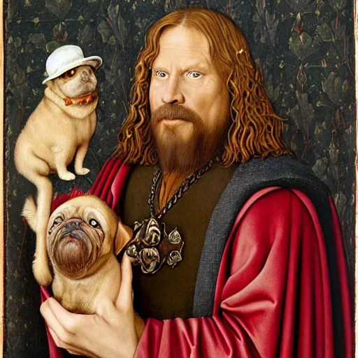 Prompt: medieval jan van eyck portrait of jeff bridges as big lebowski with a pug, nicoletta ceccoli, mark ryden, lostfish, hyung tae, frank frazetta, depth of field, detailed and intricate gothic environment, painted by albrecht durer