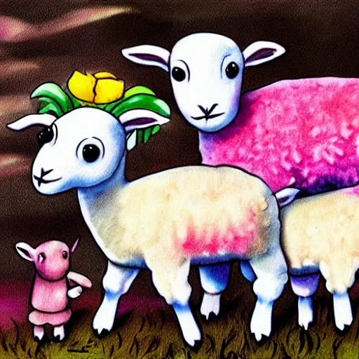 Image similar to the cult of lamb, colorful, cartoon, dark, cute