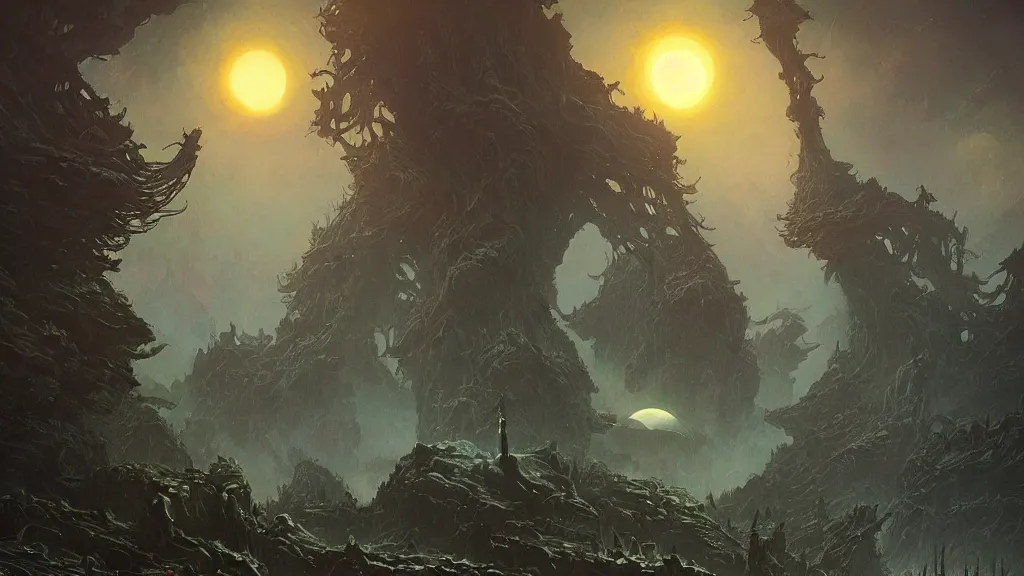 Image similar to eerie atmospheric alien planet with biomechanical plants by les edwards and vincent di fate and anato finnstark, epic cinematic matte painting