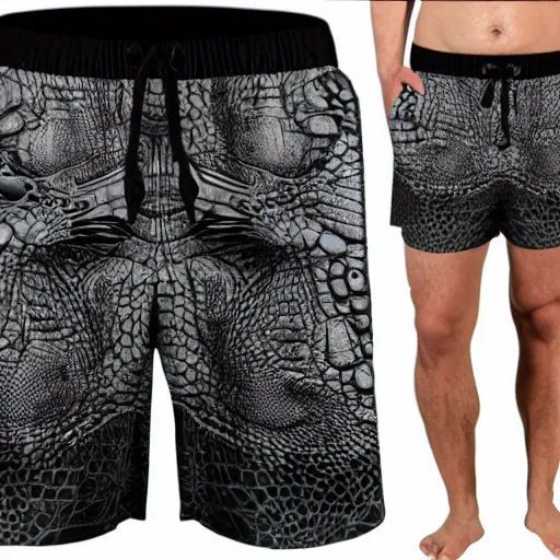 Prompt: anthropomorphic alligator male waring swimshorts