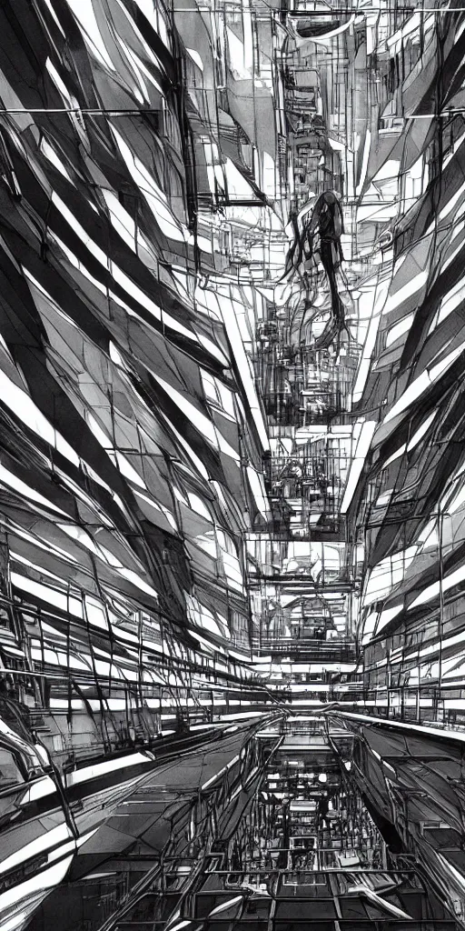 Prompt: inside of monumental futuristic tower, hq of a cyberpunk corporation; by tsutomi nihei; hyperrealistic, highly detailed