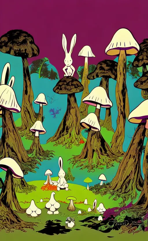 Prompt: psychedelic mushrooms in an enchanted forest with bunnies wide angle shot, white background, vector art, illustration by frank frazetta and salvador dali