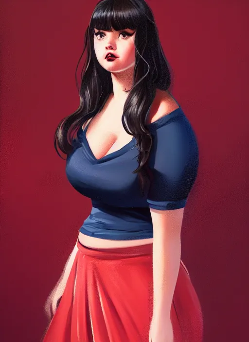 Image similar to full body portrait of teenage veronica lodge, obese, bangs, sultry, realistic, sultry smirk, wavy hair, red skirt, fat, belly, intricate, elegant, glowing lights, highly detailed, digital painting, artstation, concept art, smooth, sharp focus, illustration, art by wlop, mars ravelo and greg rutkowski