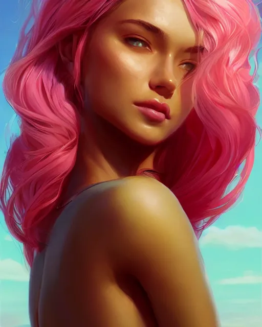 Image similar to summer vibes, beautiful sun tanned goddess portrait, flowy pink hair, sun, summer, cinematic lighting, highly detailed, digital painting, trending on artstation, pixiv, concept art, sharp focus, illustration, art by ross tran and wlop