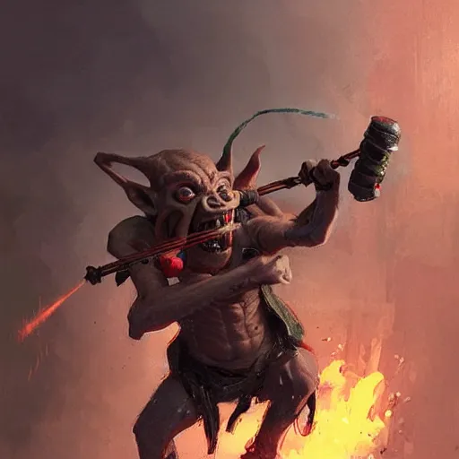 Image similar to a crazy goblin with a slingshot, wearing a grenade belt, by Greg Rutkowski