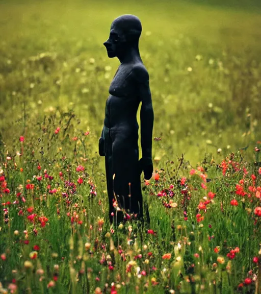 Image similar to mystical black death god figure standing in tall meadow of flowers, film photo, grainy, high detail, high resolution