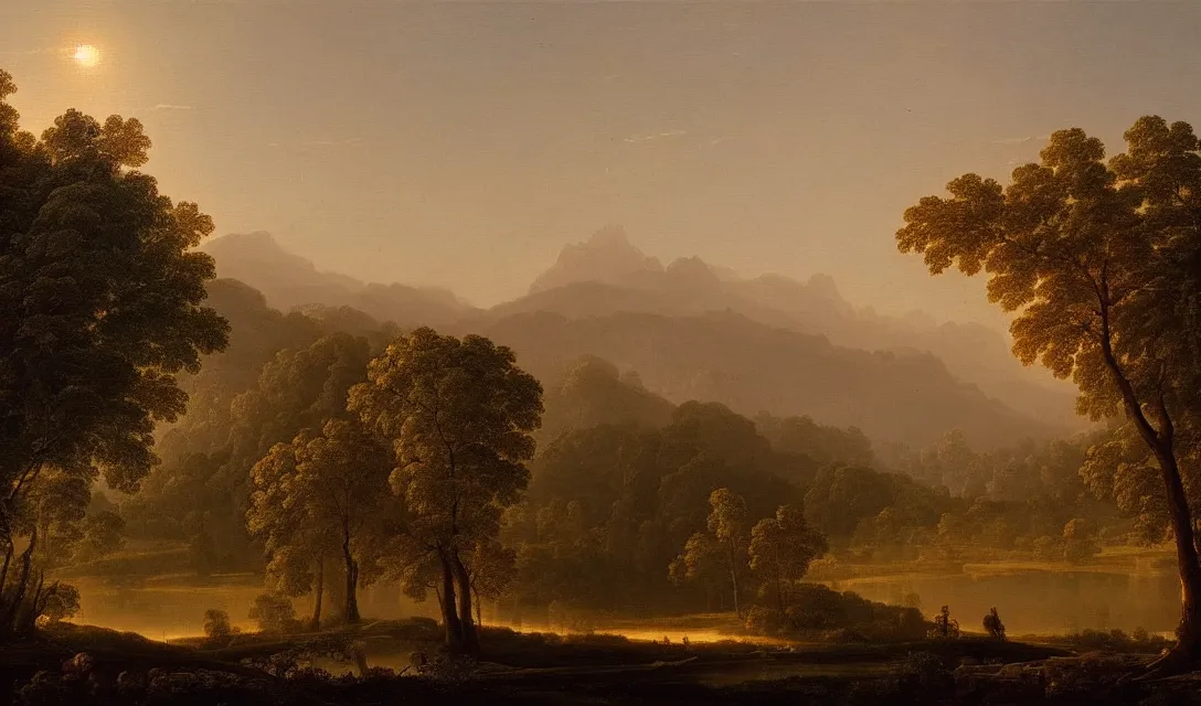 Image similar to a diamond tree forest at sunset, there is golden castle off in the distance, highly detailed landscape painting by claude lorrain, golden hour, misty ominous atmosphere