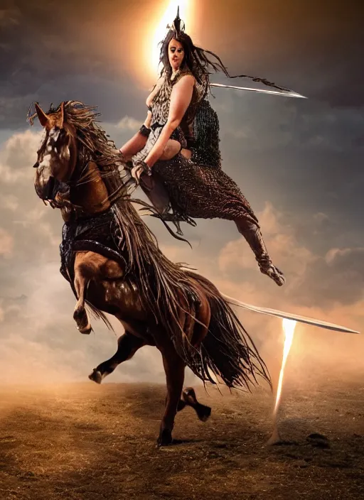 Prompt: monica bellucci riding a giant stallion, dressed in fantasy garb like in Dino De Laurentis Conan movie, with lighting shooting out of the blade destroying hoards of vikings, realistic, 4k