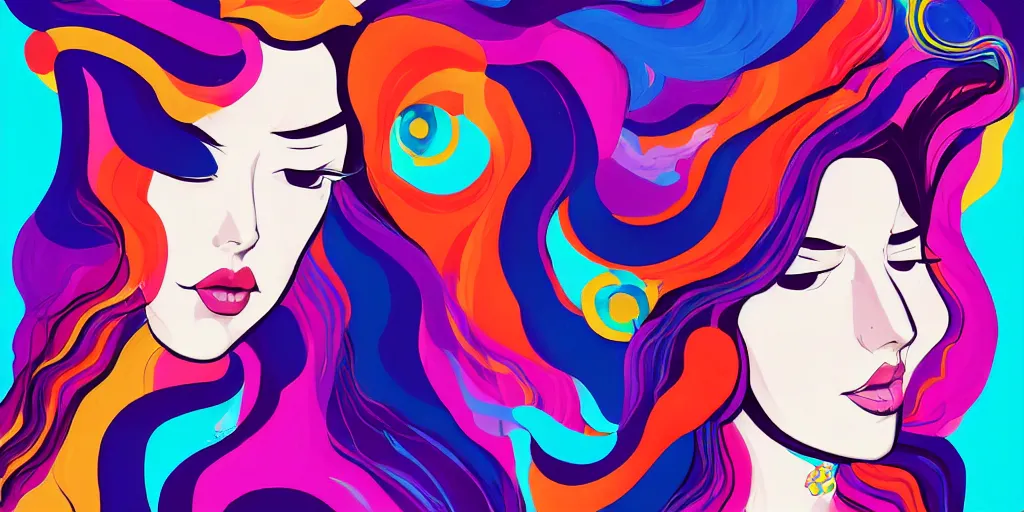 Prompt: a digital painting of a woman with colorful hair, a pop art painting by tomokazu matsuyama, behance contest winner, psychedelic art, psychedelic, 2 d, digital illustration, trending on artstation, anime stylized, accurate fictional proportions, high delicate defined details, ethereal lighting